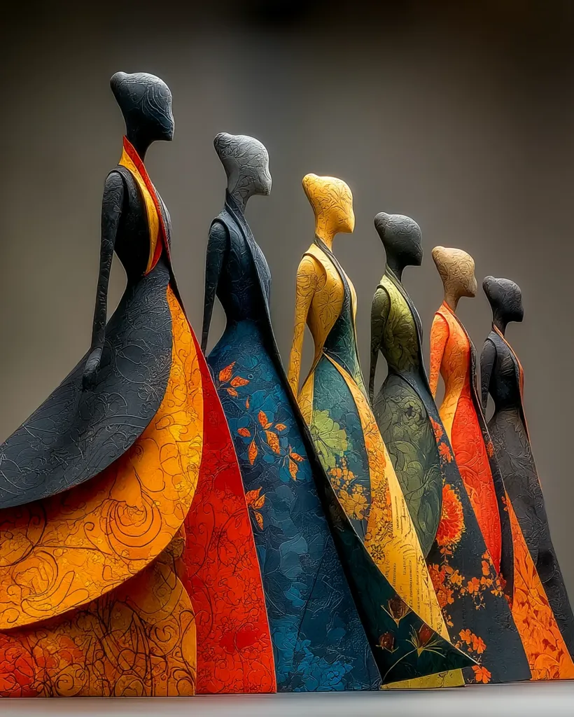 A striking series of stylized sculptures depicting figures in flowing gowns.  The figures stand in profile, their forms elegantly elongated. The gowns are richly decorated with vibrant colors and intricate patterns, a mix of abstract designs and floral motifs.  The dark backgrounds emphasize the sculptures' rich textures and bold hues.  The overall effect is one of sophisticated elegance and artistic flair.