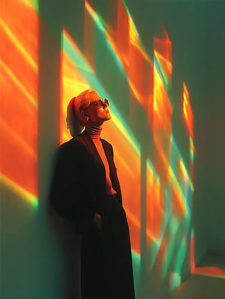 A woman in a dark suit and sunglasses stands against a wall bathed in vibrant, multicolored light projections. The dynamic interplay of orange, green, and yellow hues creates a striking contrast against her dark attire. Her pose suggests contemplation, as she gazes upward, lost in thought within this colorful, surreal environment.  The image is stylized and evocative, emphasizing mood and atmosphere.