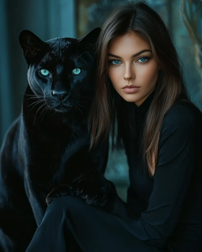A stunning brunette woman with striking blue eyes sits closely beside a majestic black panther.  Both share intensely captivating gazes. The woman is dressed in a sleek, dark outfit, complementing the panther's obsidian coat. The image evokes a sense of mystery and powerful connection between human and animal.  Their matching eye color creates a striking visual element.