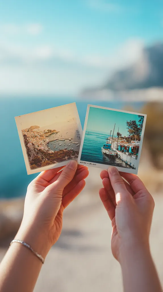 Two hands gently hold up two vintage-style photos. One shows a picturesque coastal town nestled into a hillside overlooking a calm bay filled with boats. The other depicts a sun-drenched waterfront scene with charming buildings and moored boats. The blurred background suggests a bright, sunny day by the sea.  The overall feeling is one of nostalgia and cherished memories.