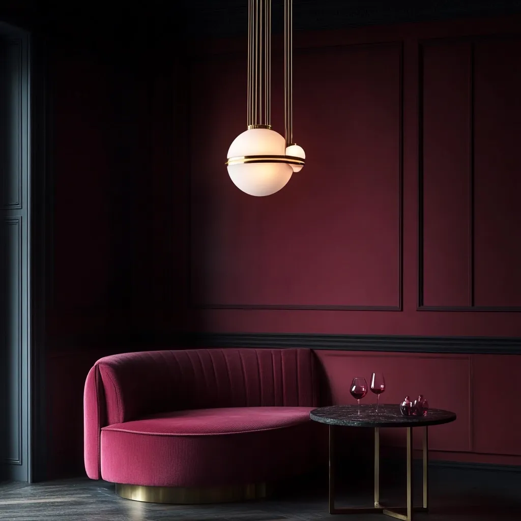 A luxurious, dark crimson room features a curved velvet sofa with a gold base.  A modern, brass and opal glass pendant light hangs above.  A small, dark marble-topped coffee table sits nearby, holding two wine glasses and small decorative objects. The deep color palette and sleek furniture create a sophisticated and intimate atmosphere.