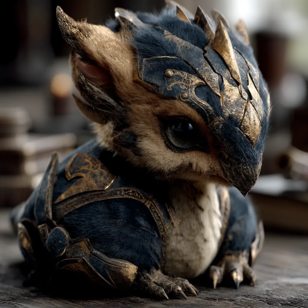A digital rendering showcases a small, furry creature resembling a dragon or mythical beast.  It's adorned in intricately detailed, dark blue and gold armor, which seems to fit snugly.  The creature has large, expressive eyes, and its pose suggests a gentle nature despite its warrior-like attire. The background is blurred, suggesting a workshop or similar setting. The overall style is highly realistic with a fantasy element.