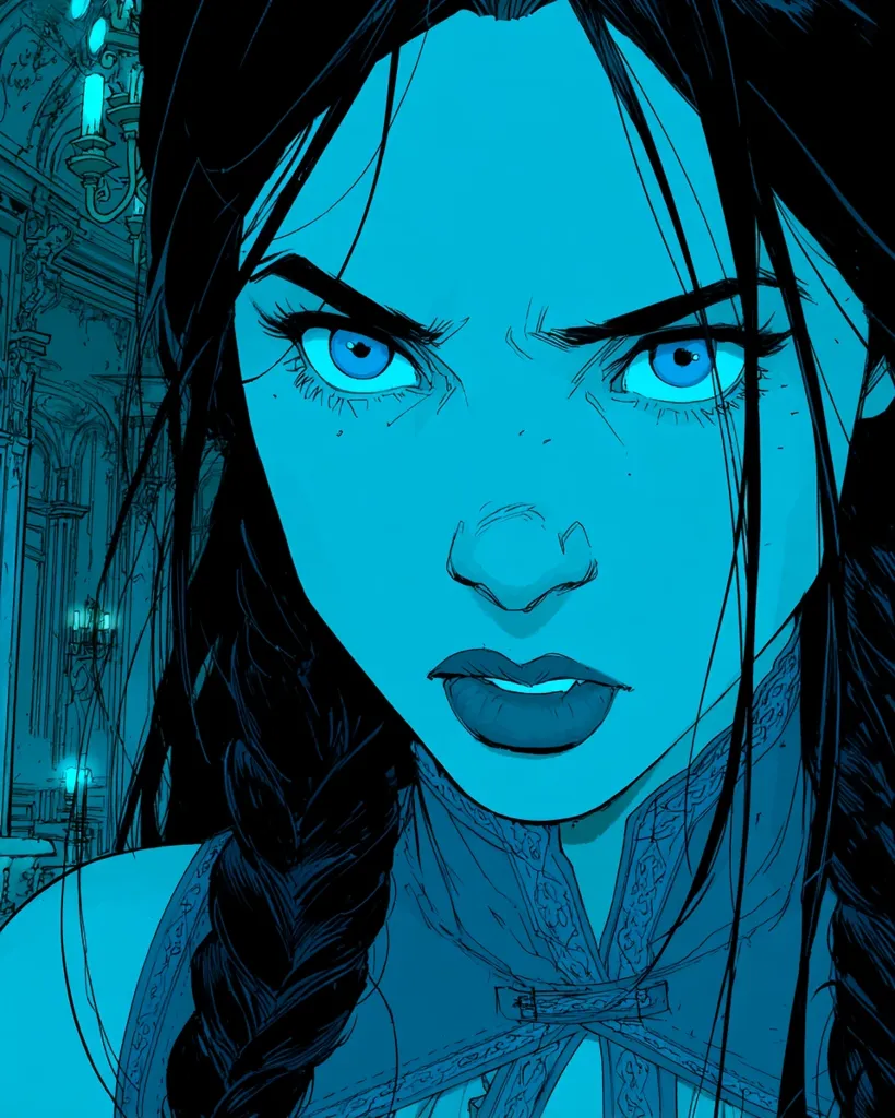 A close-up illustration of a young woman with dark hair styled in a braid. Her expression is fierce, eyes wide and brows furrowed.  She wears a dark, ornate collar. The monochromatic teal color palette creates a moody atmosphere, accentuated by a dimly lit background suggesting a gothic or ancient setting.  Her intense gaze commands attention.