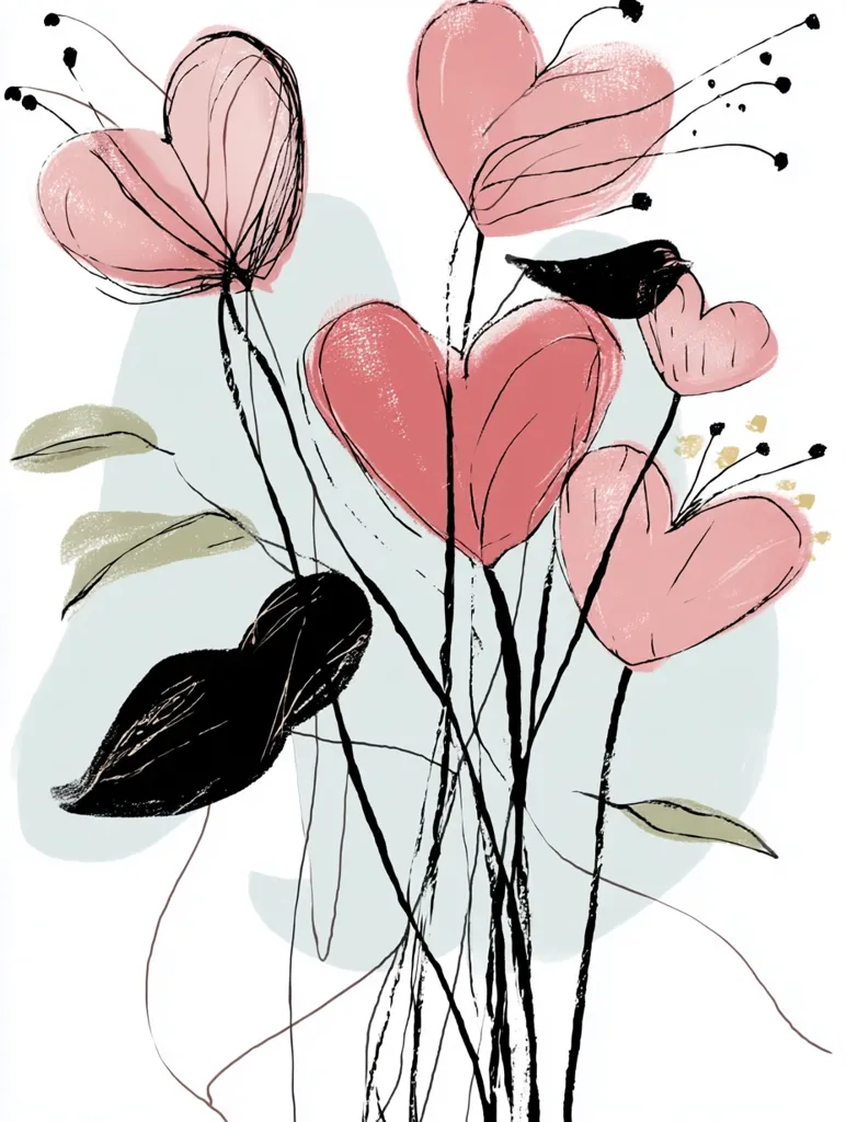 An abstract floral illustration features heart-shaped blossoms in soft pink and red hues.  Black ink-like stems and leaves contrast against the delicate flowers, creating a visually striking effect.  The background is a soft, muted teal, adding to the artwork's calming aesthetic. The style is reminiscent of modern botanical art with a touch of whimsy.