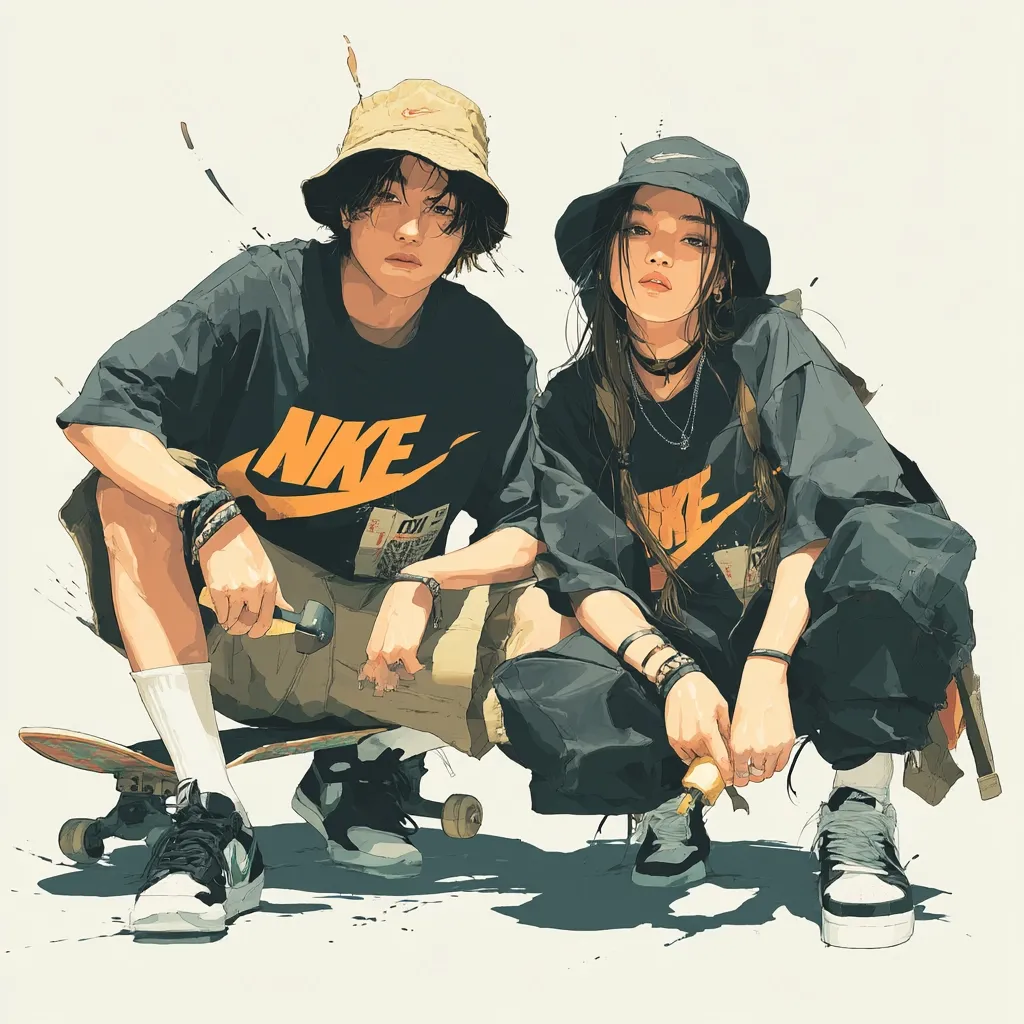 A stylized illustration depicts a young man and woman, both crouching. They wear bucket hats and Nike-branded shirts, showcasing a streetwear aesthetic. The man holds a small tool, while the woman holds what appears to be a spray paint can.  They sit near a skateboard, implying a skateboarding or urban culture theme. The art style is clean and modern, with a focus on detail and light.