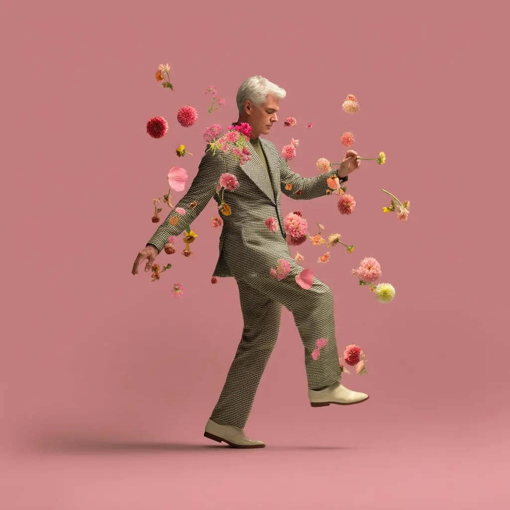 A man in a light green suit walks, surrounded by a shower of pink and green flowers against a pale pink background.  He's mid-stride, his expression thoughtful, as if interacting with the floral cascade. The image has a surreal and artistic quality, suggesting a whimsical or dreamlike state.  The man's silver hair contrasts with the vibrant blossoms.