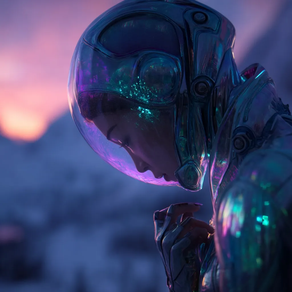 A futuristic female astronaut, clad in a shimmering, iridescent spacesuit, bows her head in contemplation.  The helmet's visor reflects a vibrant, purple-hued sunset backdrop.  Her hands are clasped together, and a sense of solitude and perhaps melancholy pervades the scene.  The overall aesthetic is one of science fiction, emphasizing both technological advancement and human emotion.