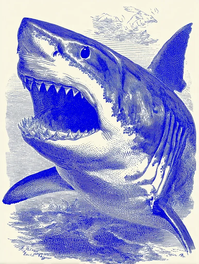 A detailed blue-toned engraving depicts a great white shark, its jaws agape, revealing rows of sharp teeth.  The shark is rendered with meticulous detail, showcasing the texture of its skin and the power in its form.  Smaller birds are visible in the upper background, adding to the oceanic scene. The image evokes a sense of both beauty and danger, characteristic of marine wildlife.