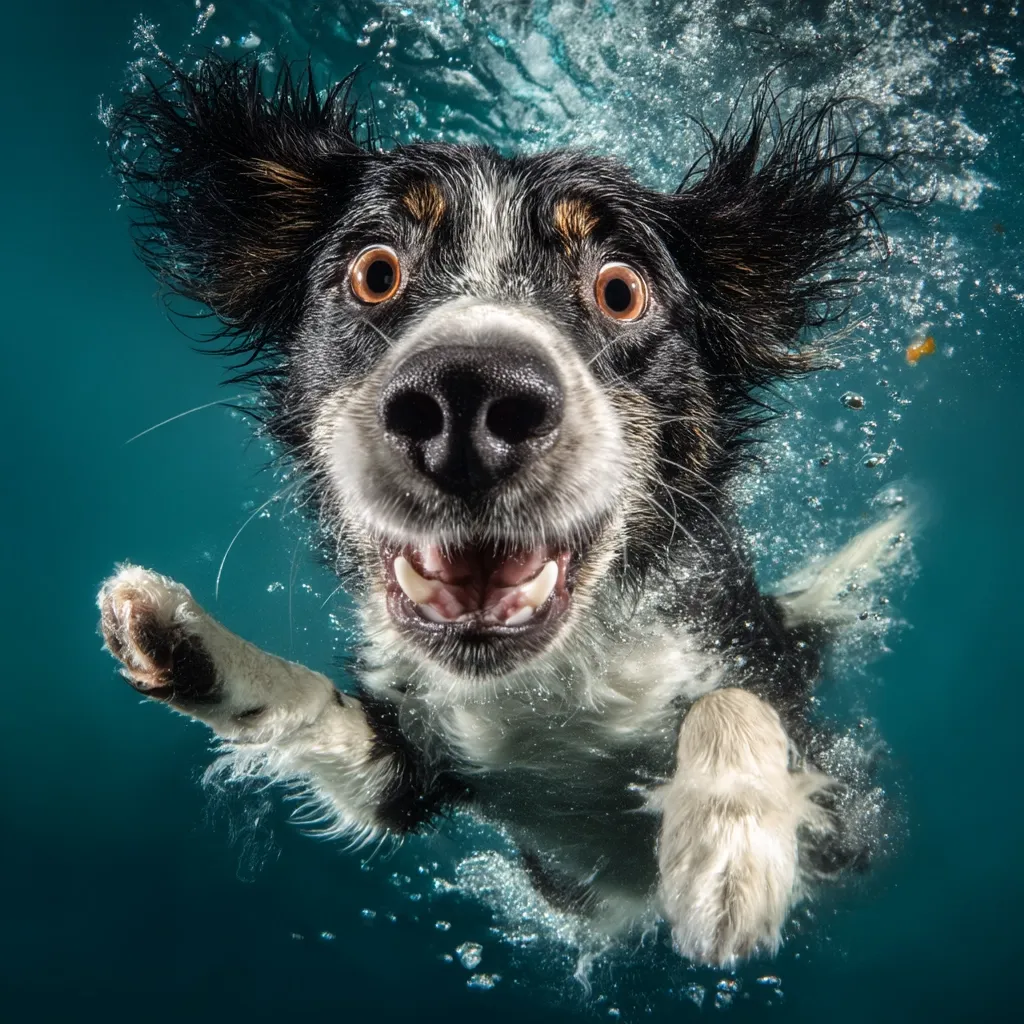 A black and white Border Collie dog swims underwater, its expression one of joyful surprise.  Bubbles surround the dog as it propels itself through the water, its paws extended.  The dog's wide eyes and open mouth contribute to its comical, energetic appearance. The teal-colored water provides a striking contrast to the dog's fur.