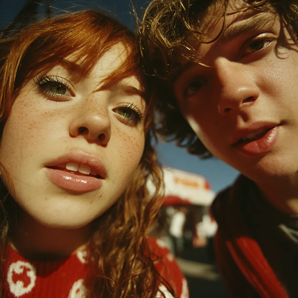 Close-up shot of a young couple, a red-haired girl and a boy with brown curly hair, their faces nearly touching.  The girl has freckles and is wearing a red sweater. The boy is slightly out of focus.  They appear to be outdoors in bright sunlight, with a blurred background suggesting a busy area.  The image conveys intimacy and youthful energy.