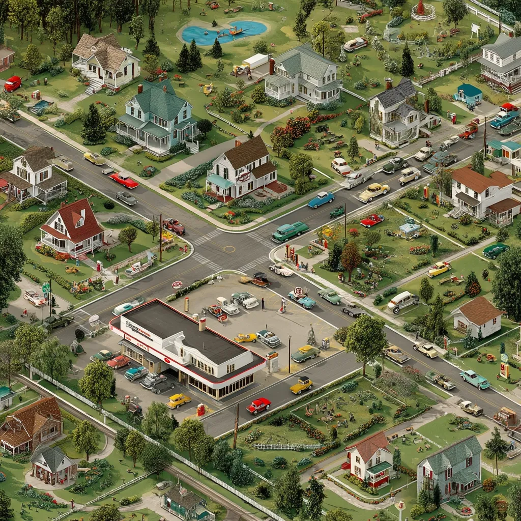 An isometric illustration depicts a quintessential 1950s American suburb.  Neatly arranged houses with lush green lawns line tree-lined streets filled with classic cars. A bustling gas station sits at a central intersection.  The scene evokes a sense of idyllic suburban life, complete with meticulously maintained landscaping and a peaceful atmosphere.
