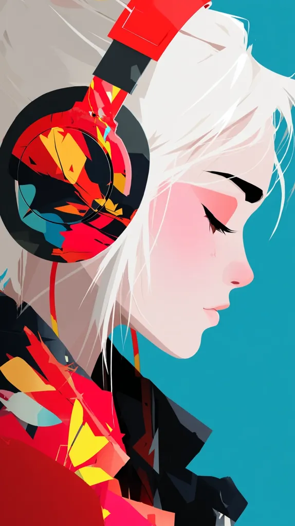 A stylized portrait of a young woman with long, white hair wearing vibrant red and black headphones. The art style is bold and graphic, using flat colors and sharp lines to create a striking visual.  Her expression is serene, almost melancholic, as she gazes downward. The background is a simple teal, contrasting with the bold colors of her clothing and headphones. The overall mood is one of quiet contemplation and modern style.