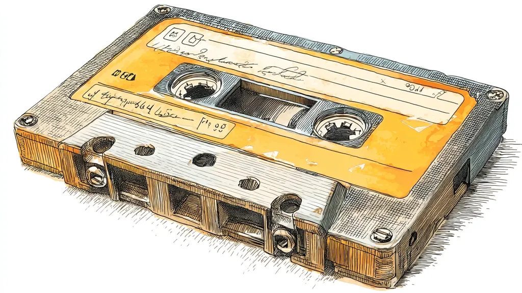 A detailed hand-drawn illustration depicts a worn-out audio cassette tape.  The cassette is predominantly yellowed, showing signs of age and use.  Handwritten labels are visible on the tape's shell, suggesting personalized content.  The drawing style employs pen and ink with watercolor washes, creating a vintage aesthetic. The image evokes nostalgia for analog music formats.