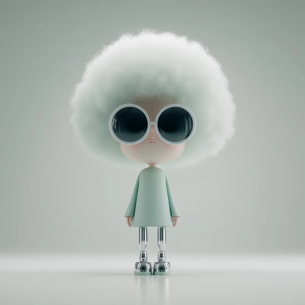 A 3D rendered illustration of a cute, stylized character.  It features a large, fluffy, light-blue afro hairstyle, oversized round sunglasses, and a light teal dress.  The character has metallic, leg-like supports and stands on small, rounded feet. The overall aesthetic is minimalist and playful.