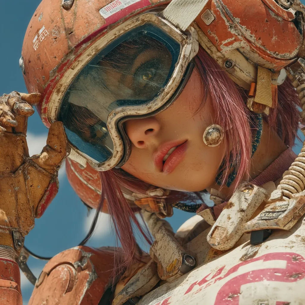Close-up of a female character, possibly from a video game or digital art, wearing a weathered, orange and white protective helmet with goggles. Her pink hair peeks out from under the helmet.  The suit shows signs of wear and tear, suggesting a post-apocalyptic or sci-fi setting. She's adjusting her goggles with a gloved hand, her expression is serious and captivating. The background is a clear blue sky.