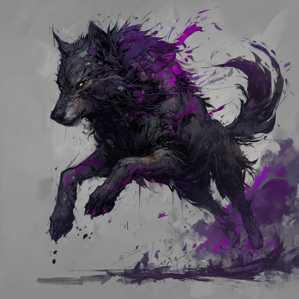 A stylized painting of a black wolf mid-leap, rendered with dynamic brushstrokes.  The wolf's fur appears dark and textured, accented with vibrant purple hues that suggest motion and energy.  The background is a muted grey, contrasting with the intense colors of the wolf and creating a dramatic effect.  The overall style is expressive and abstract, conveying a sense of power and wildness.