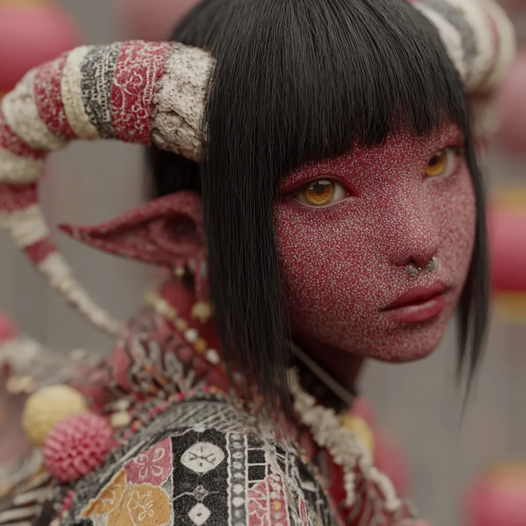A close-up reveals a digital rendering of a female character with red, textured skin, pointed ears, and horns adorned with intricate patterns.  Her dark hair is styled in blunt bangs, framing amber eyes.  She wears elaborate clothing featuring red and white details, suggesting a fantastical or mythical creature with Asian-inspired aesthetics.  A small nose piercing is visible. The background hints at out-of-focus red spheres.