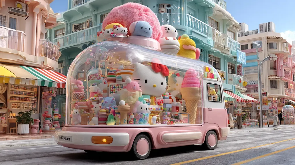 A whimsical, pink van, resembling a candy-filled mobile shop, cruises down a pastel-colored street.  The van's transparent enclosure showcases a plethora of Hello Kitty-themed plushies, sweets, and treats.  Surrounding buildings are equally vibrant, adding to the dreamy, fantastical atmosphere of this charming scene.