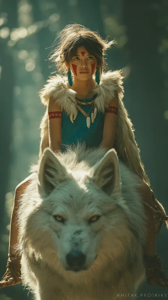 A young woman, strikingly resembling Princess Mononoke, sits atop a majestic white wolf.  She wears a teal dress, fur stole, and tribal markings, completing her captivating cosplay.  The mystical forest backdrop enhances the ethereal atmosphere, creating a powerful and serene image.  Sunlight filters through the trees, illuminating the scene.