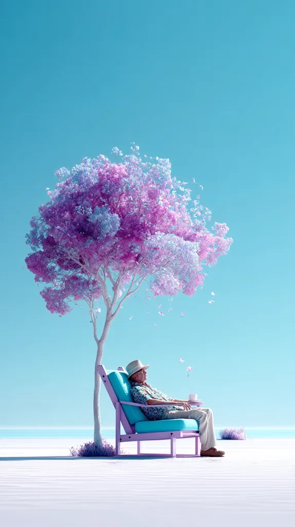 A serene digital artwork depicts an elderly man relaxing in a pastel-purple armchair under a whimsical, light-purple and blue tree.  He holds a cup, seemingly enjoying the tranquil beach setting.  The sky is a vibrant light blue, contrasting beautifully with the soft colors of the tree and chair. The overall mood is peaceful and dreamlike.