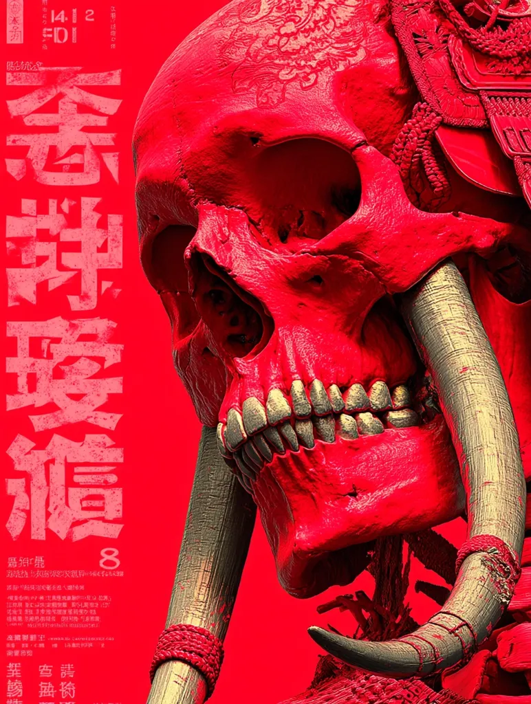 A vibrant crimson poster features a stylized skull, seemingly adorned with ornate, golden tusks and traditional Japanese-inspired markings.  The skull dominates the composition, set against a bold red background.  Chinese characters are prominently displayed, likely representing the film title and credits. The overall aesthetic is dark, dramatic, and evocative of a horror or fantasy film.