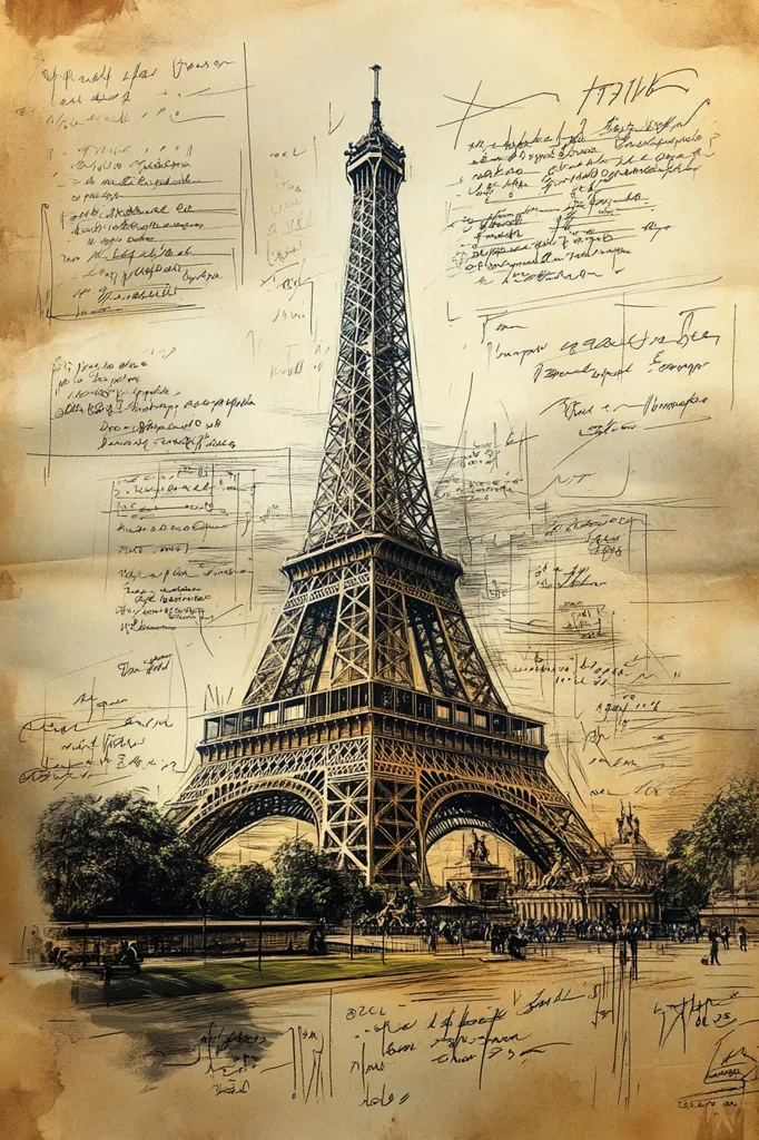 A stylized depiction of the Eiffel Tower superimposed on aged parchment paper filled with handwritten notes and sketches.  The tower is rendered in sepia tones, giving it an antique feel. The surrounding landscape is suggested with sketchy trees and figures, enhancing the overall vintage aesthetic. The handwritten text appears to be architectural notes or journal entries, adding a layer of mystery and depth.