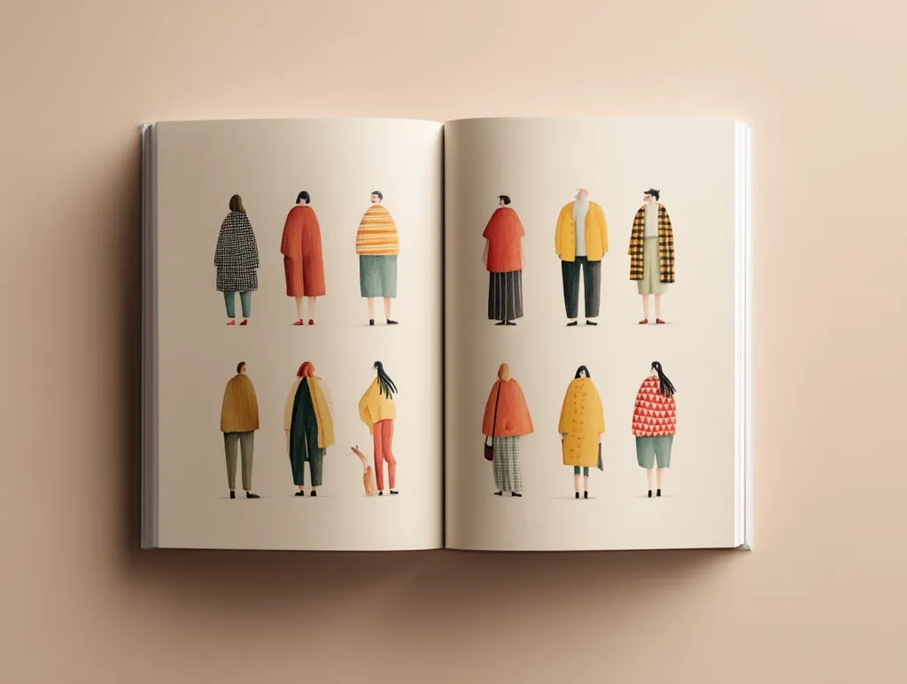 An open sketchbook displays watercolor illustrations of twelve individuals viewed from behind.  Each person is depicted in autumnal-toned clothing, showcasing a variety of styles and outerwear. The figures stand in neat rows, creating a visually appealing and simple composition. The muted color palette and minimalist style emphasize the subjects' attire.
