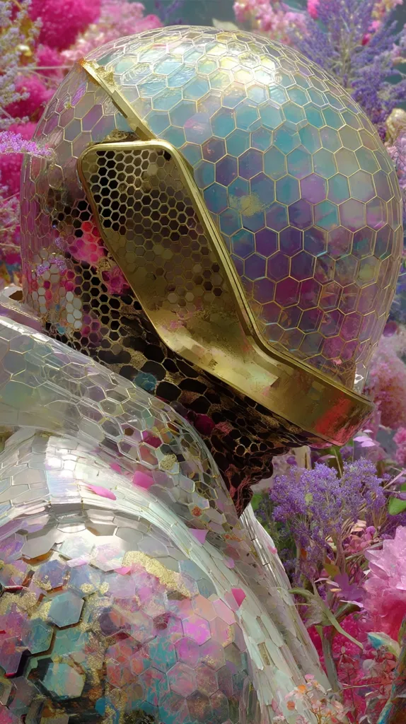 A close-up reveals a futuristic helmet, seemingly crafted from iridescent hexagonal tiles in shades of pink, purple, and gold.  The helmet's design is intricate, with gold accents and a honeycomb pattern. The figure wearing the helmet appears to be partially obscured by a translucent, similarly patterned garment, blending seamlessly with a vibrant backdrop of pink and purple flowers.  The overall aesthetic is surreal and dreamlike.