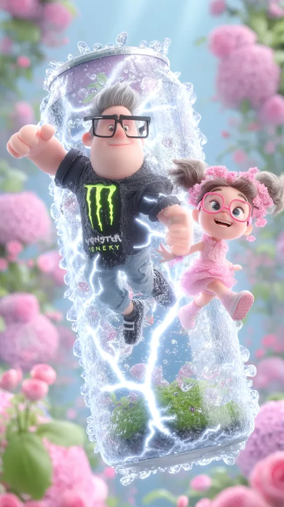 A stylized 3D animation depicts a man and girl, seemingly emerging from a Monster Energy drink can.  The can is encased in a frosty, translucent shell with sparks of energy crackling within.  The man wears a Monster Energy shirt, and the girl is in a pink dress.  They are surrounded by blooming pink flowers, creating a whimsical, magical scene.