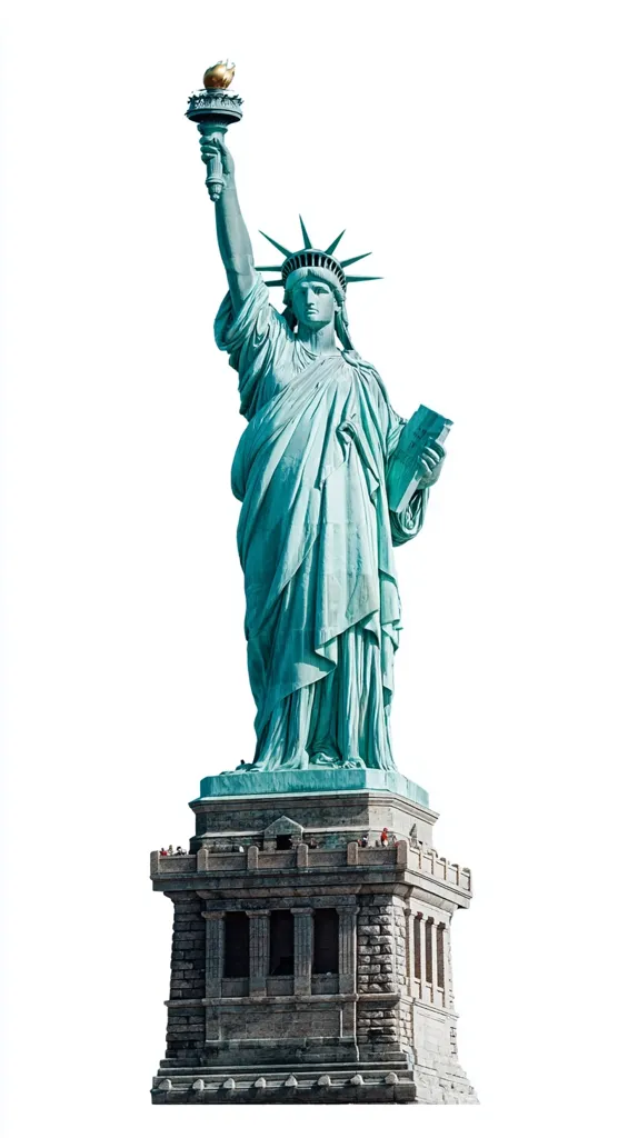 The Statue of Liberty stands tall against a white background.  The iconic green copper statue, holding a torch aloft and a tablet, is depicted in detail.  Its stone pedestal is visible, showing architectural features.  The image showcases the statue's grandeur and symbolic importance.  A few small figures are visible near the top of the pedestal, providing a sense of scale.