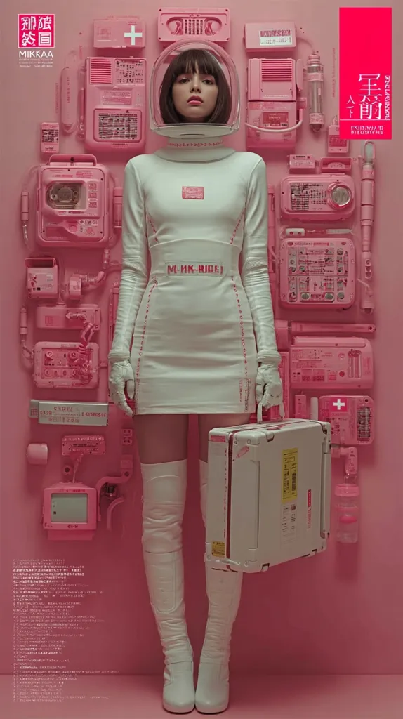 A woman in a white space suit and thigh-high boots stands against a pink wall adorned with various pink technological devices.  She wears a helmet and holds a white briefcase.  The overall aesthetic is futuristic and retro, with a strong emphasis on the color pink.  Korean text is visible on the poster, suggesting a possible film or music promotional image.