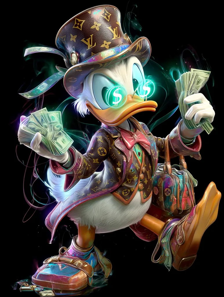 A stylized rendering of Scrooge McDuck, dressed in luxurious Louis Vuitton attire. He sports a top hat, sunglasses with dollar signs, and carries wads of cash.  His outfit is vibrant and detailed, showcasing a blend of cartoon and high-fashion aesthetics.  The background is dark, highlighting the character's opulent appearance. The overall style is dynamic and energetic.