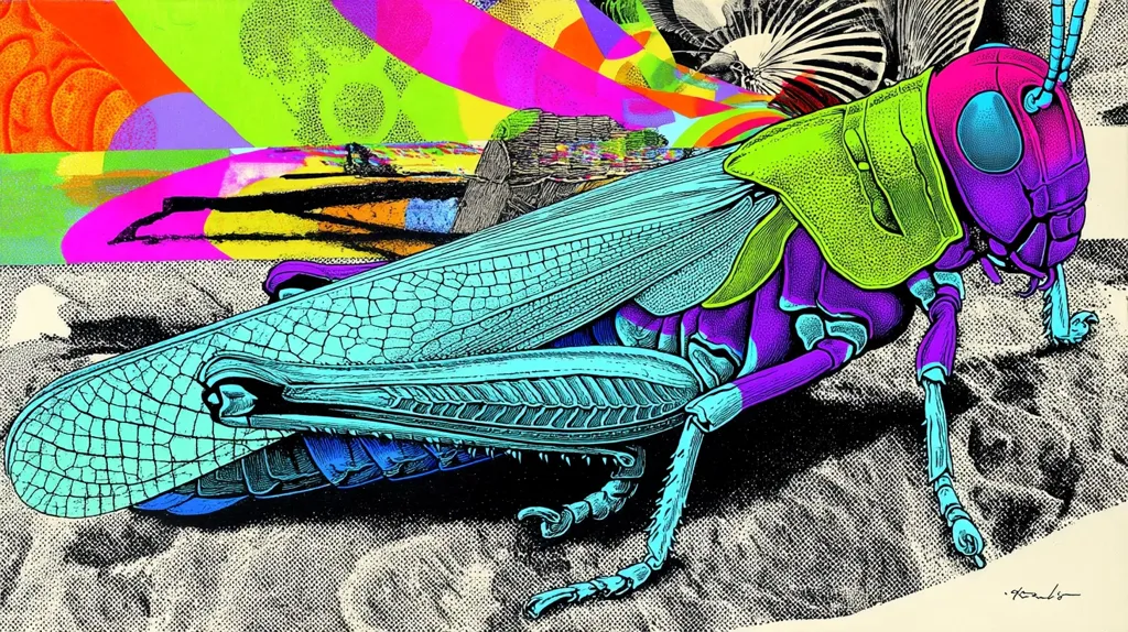 A vibrant, stylized grasshopper dominates the artwork, rendered in bold, contrasting colors—cyan, purple, and lime green. Its intricate anatomical details are highlighted against a backdrop of multicolored abstract shapes and a textured, halftone-style ground. The piece displays a striking blend of realism and graphic design elements, creating a visually arresting image. The artist's signature is subtly placed in the lower right corner.