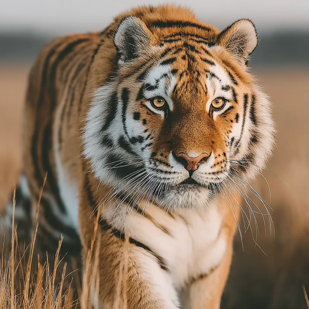 A majestic tiger, its orange and black stripes accentuated by the golden light, strides through tall grass.  Its intense gaze is fixed on the viewer, showcasing piercing yellow eyes and a powerful, confident stance. The tiger's muscular build and detailed fur are clearly visible, highlighting its inherent beauty and wild nature. The background is softly blurred, focusing attention on the magnificent creature.