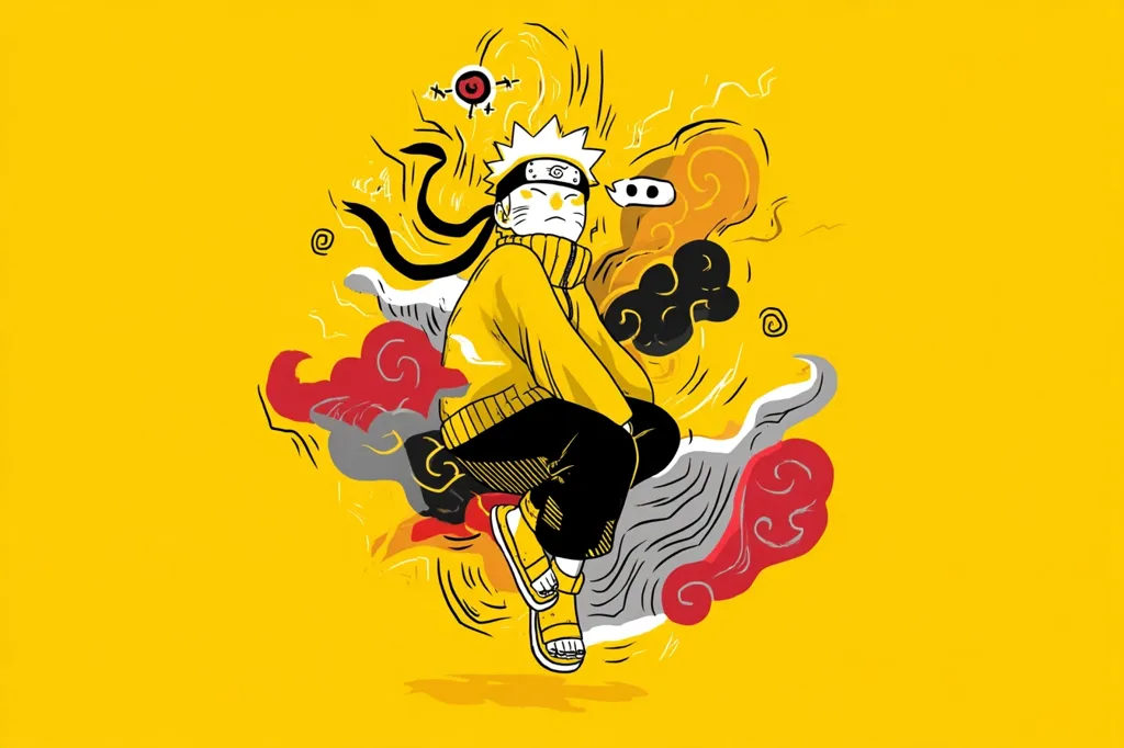 A stylized illustration of Naruto Uzumaki, the main character from the anime series Naruto, is depicted in a dynamic pose against a vibrant yellow backdrop. He is dressed in his iconic yellow jacket and black pants, with his signature headband visible.  Surrounding him are swirling, abstract clouds in shades of red, gray, and black, enhancing the energetic and dynamic feel of the image.  The overall style is bold and graphic, employing a limited color palette for maximum visual impact.
