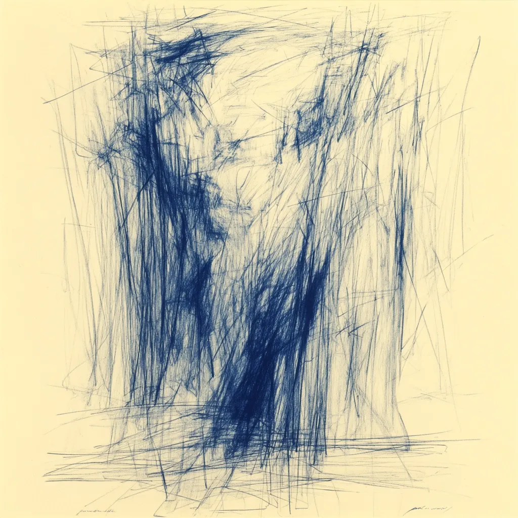 The image is an abstract drawing in shades of blue on a pale yellow background.  Numerous thin, overlapping lines create a sense of depth and movement, suggesting a figure or form in the center. The style is gestural and expressive, prioritizing the process of mark-making over precise representation. The overall effect is one of energy and ambiguity, leaving the viewer to interpret the subject matter.