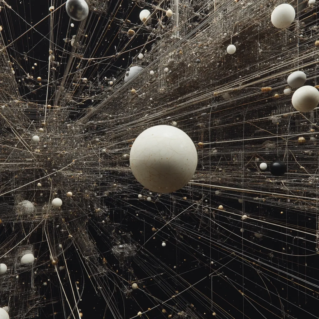 The image depicts a complex, abstract network of interconnected lines and spheres.  The spheres vary in size and color, primarily off-white, beige, and black, dispersed throughout a seemingly infinite, dark space. The intricate web of lines suggests a vast, interconnected system, resembling a futuristic cityscape or a cosmic network. The overall mood is dark, mysterious, and technologically advanced.