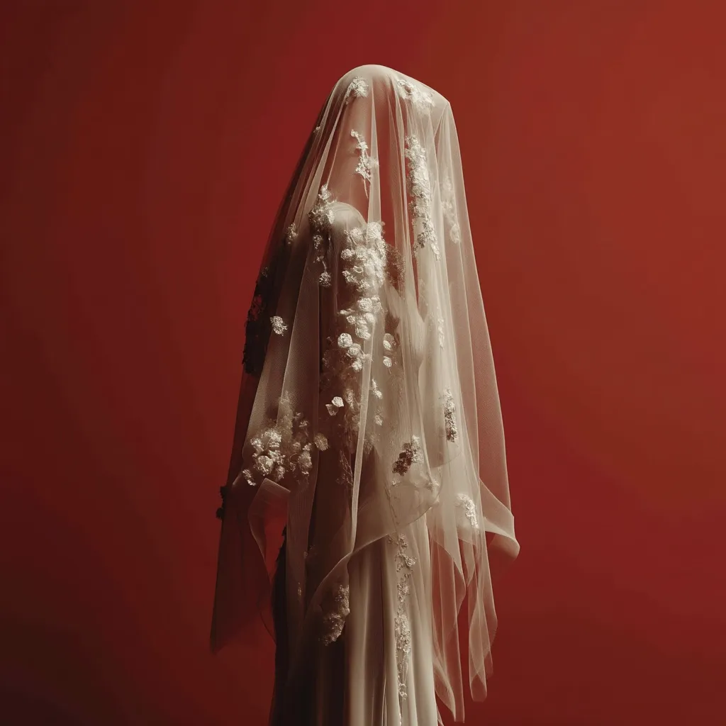 A figure is completely veiled in a sheer, white bridal veil adorned with delicate floral appliqués.  The veil drapes elegantly, obscuring the person's face and body, creating a sense of mystery. The rich, deep red backdrop provides a striking contrast to the pale, ethereal quality of the veil and dress. The image evokes a feeling of romance and perhaps a touch of somberness.