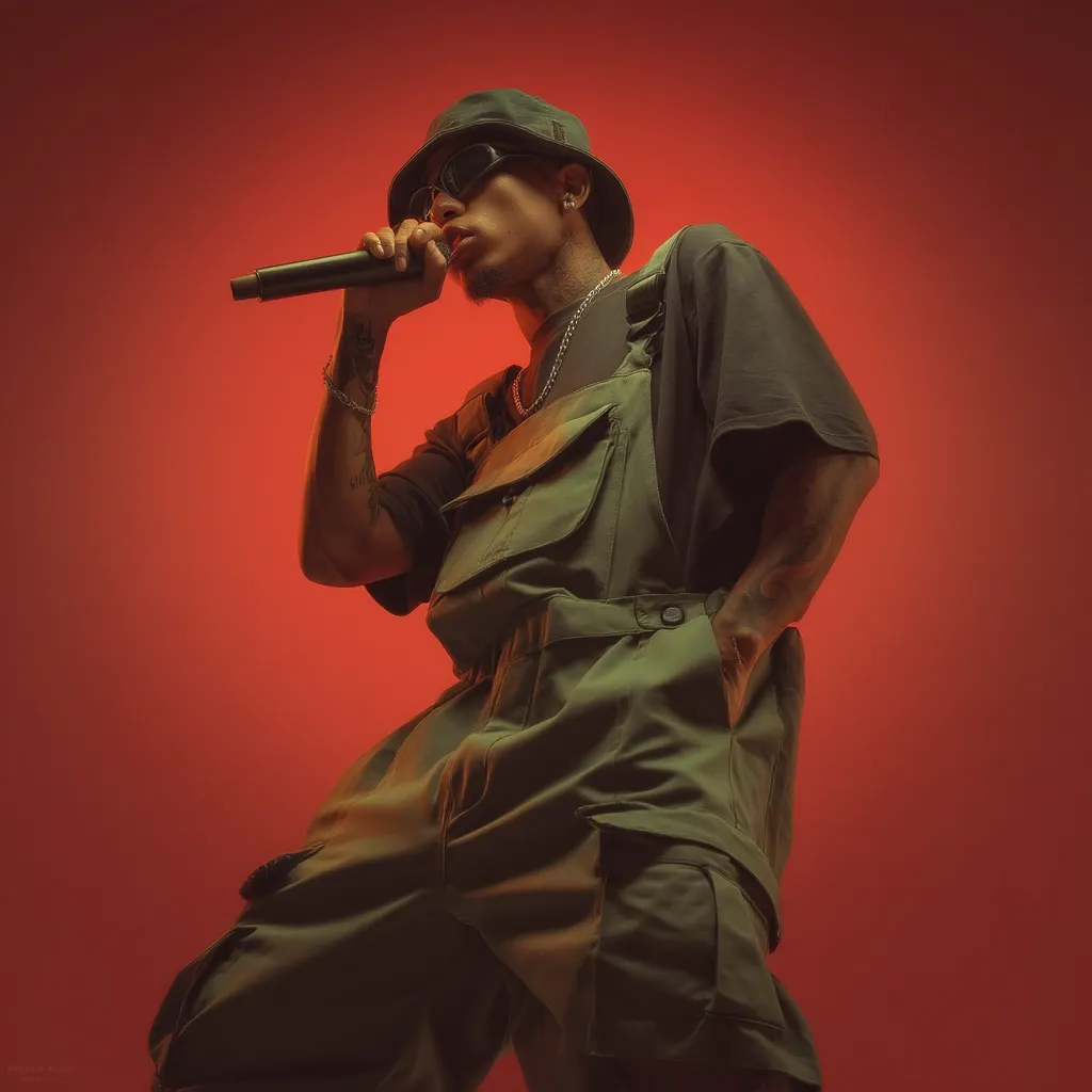 A young man, wearing a green utility jumpsuit, black shirt, bucket hat, and sunglasses, sings into a microphone against a vibrant red backdrop.  His pose is dynamic, suggesting energy and performance.  He has tattoos on his arms, adding to his stylish and urban aesthetic.  The lighting accentuates his figure and the overall mood is one of hip-hop or rap culture.