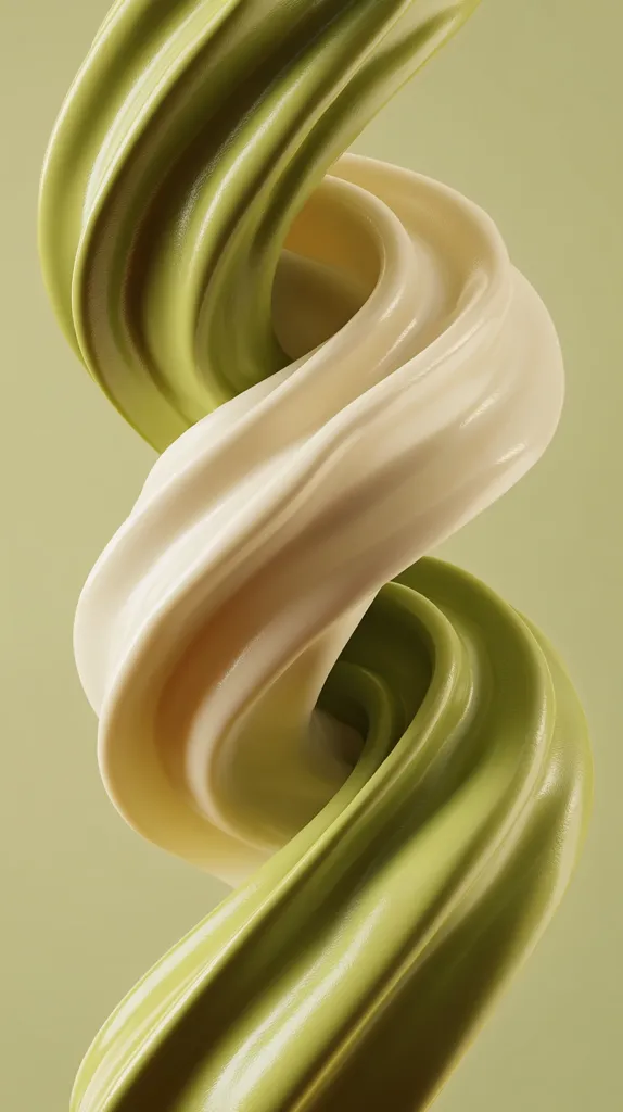 A stylized image showcases two creamy swirls intertwined. One is a pale off-white, while the other is a muted, earthy green. The smooth, glossy texture of the swirls suggests a delicious creaminess, possibly ice cream or a similar dessert. The elegant, spiraling composition creates a visually appealing contrast between the colors and textures. The background is a soft, complementary olive green.