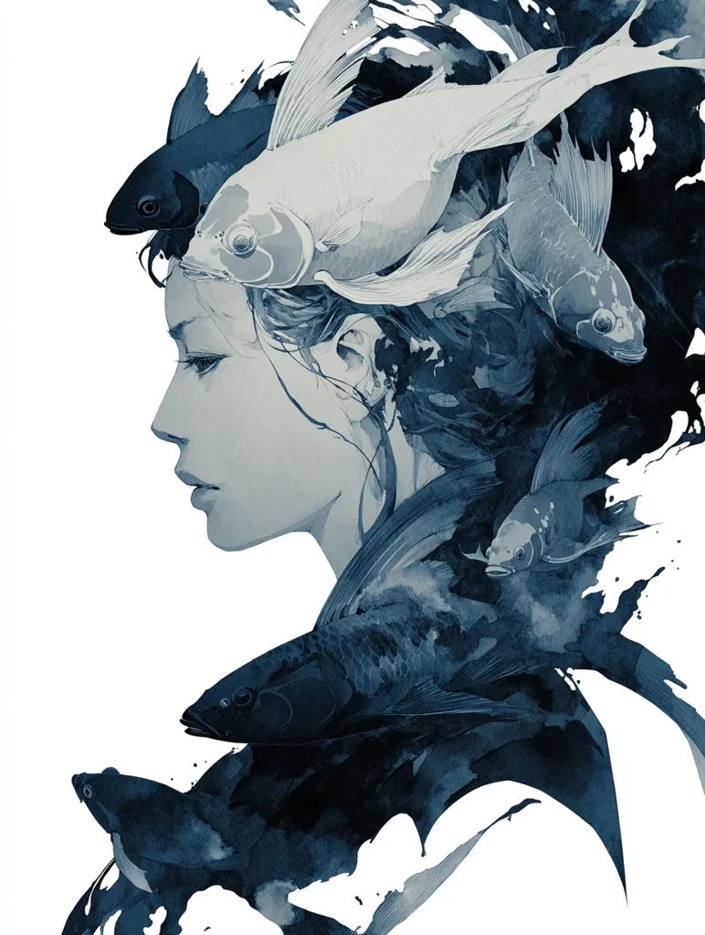 A watercolor painting depicts a woman's profile, her hair flowing into a school of stylized fish.  The fish are rendered in shades of blue and gray, blending seamlessly with the woman's form. The overall mood is serene and melancholic, with a focus on the interplay between the human and aquatic elements.  The artwork uses negative space effectively, creating a sense of movement and ethereal beauty.