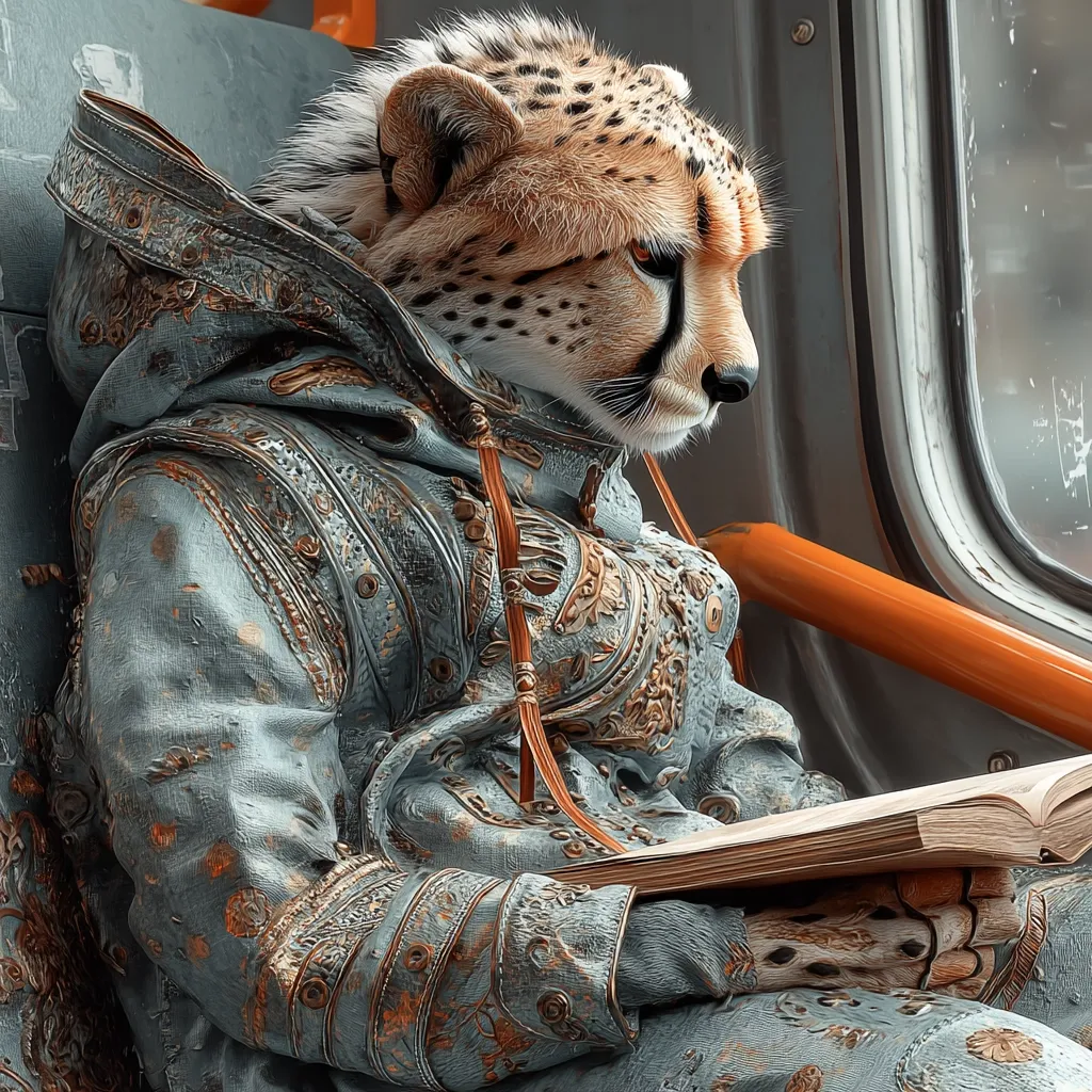A cheetah, anthropomorphized and wearing an ornate, hooded jacket, sits on public transport, engrossed in a book.  The jacket is a muted grey-blue with gold detailing, giving it an antique or medieval aesthetic.  The cheetah's expression is pensive as it reads, gazing out the window. The scene is a blend of fantasy and realism, highlighting the contrast between the animal and its human-like attire.