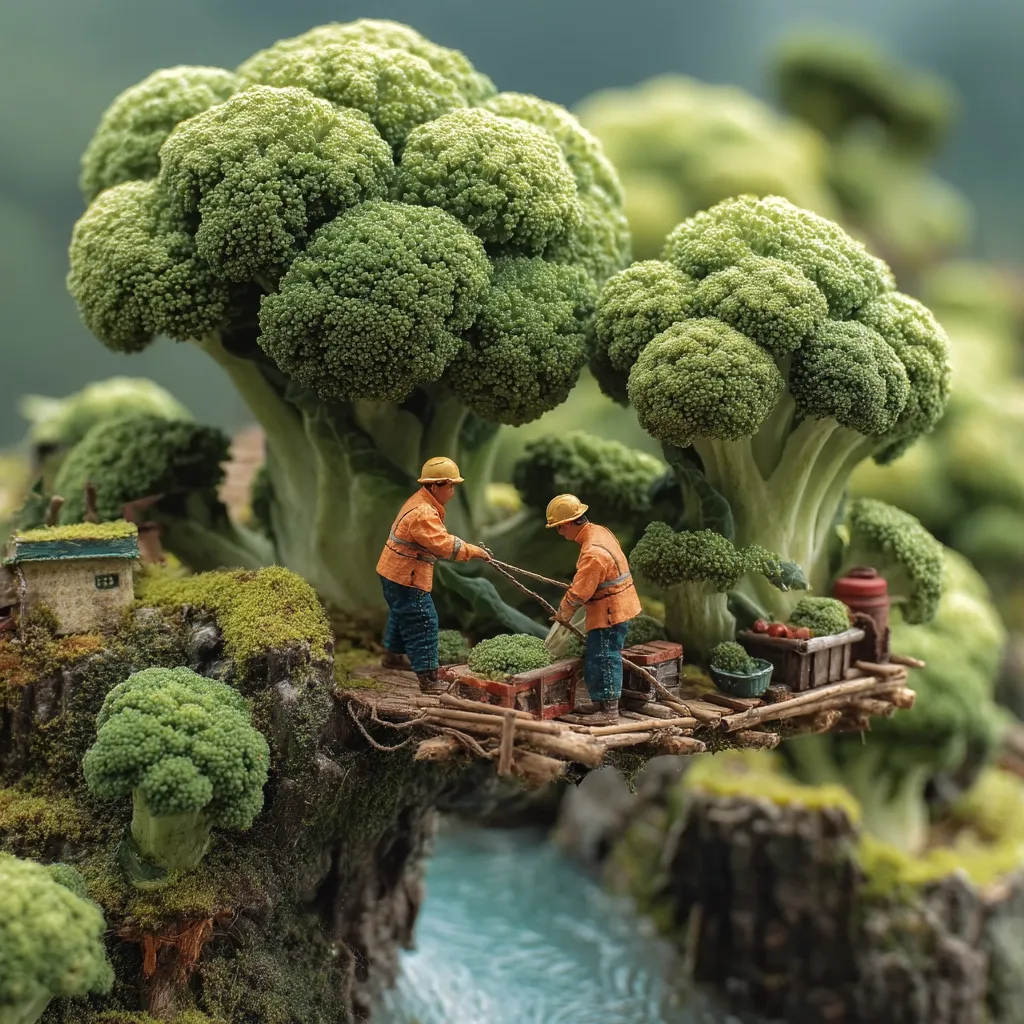A whimsical miniature scene depicts two workers in orange safety vests harvesting broccoli.  Giant broccoli heads form a landscape, with the workers tending to smaller broccoli plants on a small wooden platform over a stream.  Moss and miniature buildings add to the fantastical setting, creating a surreal and captivating image.