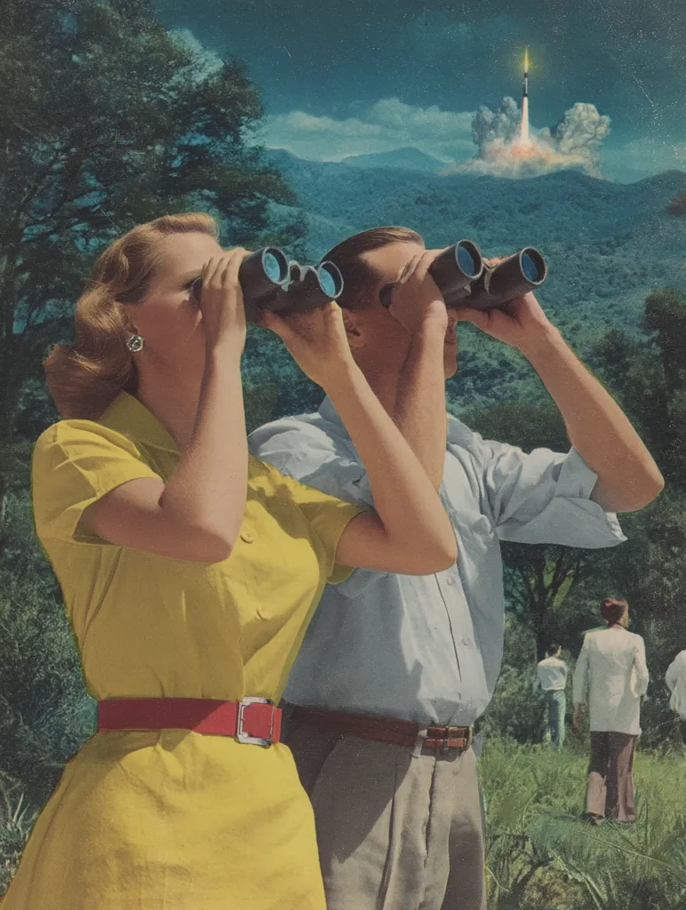 A vintage-style image depicts a couple using binoculars to watch a rocket launch in the distance. The woman wears a yellow dress and the man a light blue shirt and beige trousers.  They stand in a grassy area with trees and other people observing in the background. The scene evokes a sense of mid-20th-century optimism and the space race.