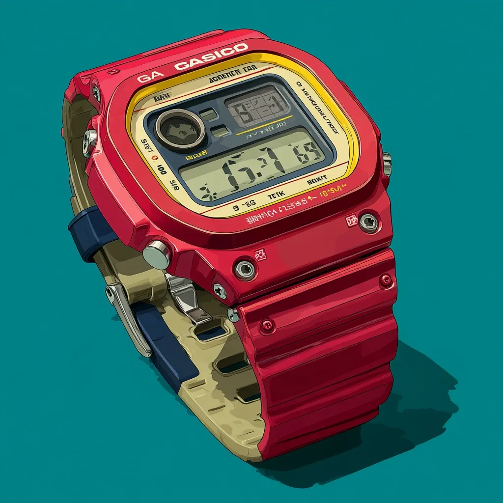 A detailed illustration showcases a Casio G-Shock watch in vibrant red and beige. The digital display shows the time "10:18," and various buttons and markings are visible.  The watch's design features a square case and a textured band, suggesting a rugged and durable style. The background is a solid teal, providing a stark contrast to the watch's bold colors. The image style is reminiscent of retro anime aesthetics.