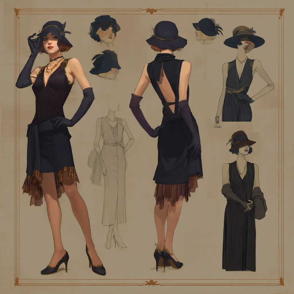 A fashion design sheet showcases a flapper-style dress in various views.  The main illustration features a woman in a dark navy dress with a low neckline, brown underskirt, and long gloves.  Accompanying sketches show the dress from the back, alternative hat styles, and a similar dress in a lighter sketch.  The overall style is evocative of the 1920s.