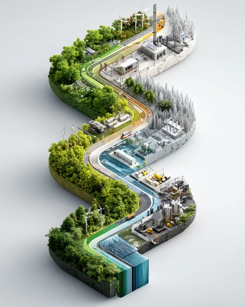 A stylized 3D rendering depicts a winding road traversing diverse landscapes.  The path starts in a snowy forest, progresses through industrial zones featuring power plants and factories, then transitions into lush green forests punctuated by wind turbines.  Waterways and various forms of transportation are integrated into the design, showcasing a journey through contrasting environments, possibly symbolizing industrial development alongside environmental conservation.