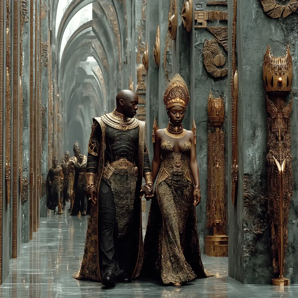 A regal Black couple, adorned in elaborate gold and dark-green attire, stroll hand-in-hand through a grand, ornate hallway.  The woman wears a stunning headpiece and gown, while the man's robe is richly embroidered.  The architecture is imposing, featuring metallic walls and columns with intricate detailing, suggesting a palace or temple setting.  Other figures are visible in the background, adding to the scene's regal atmosphere.