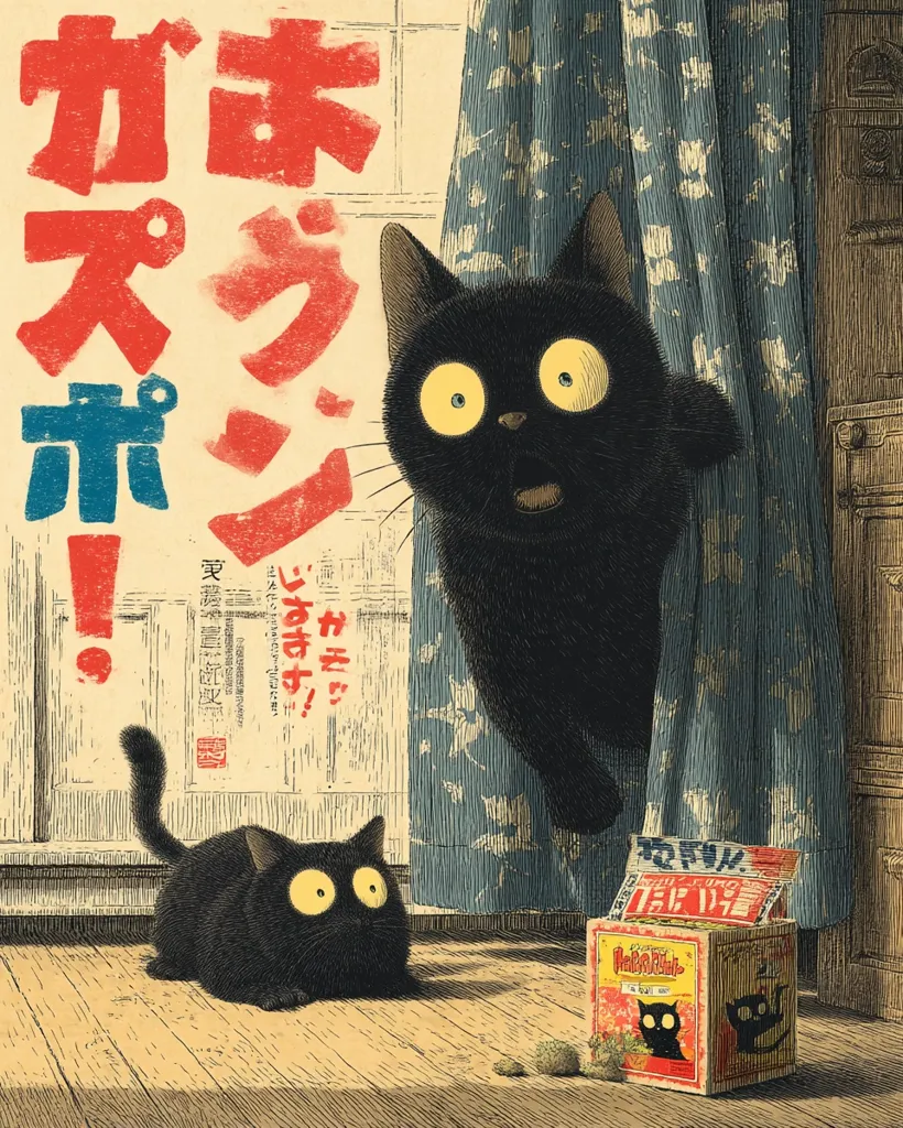 A vintage-style illustration features two black cats with large, expressive eyes. One cat peeks from behind a patterned curtain, appearing surprised. A smaller cat sits on the floor, near a cat food box.  The background includes a poster with Japanese text in bold red and blue characters, suggesting a nostalgic or whimsical setting. The overall style is reminiscent of Japanese woodblock prints.