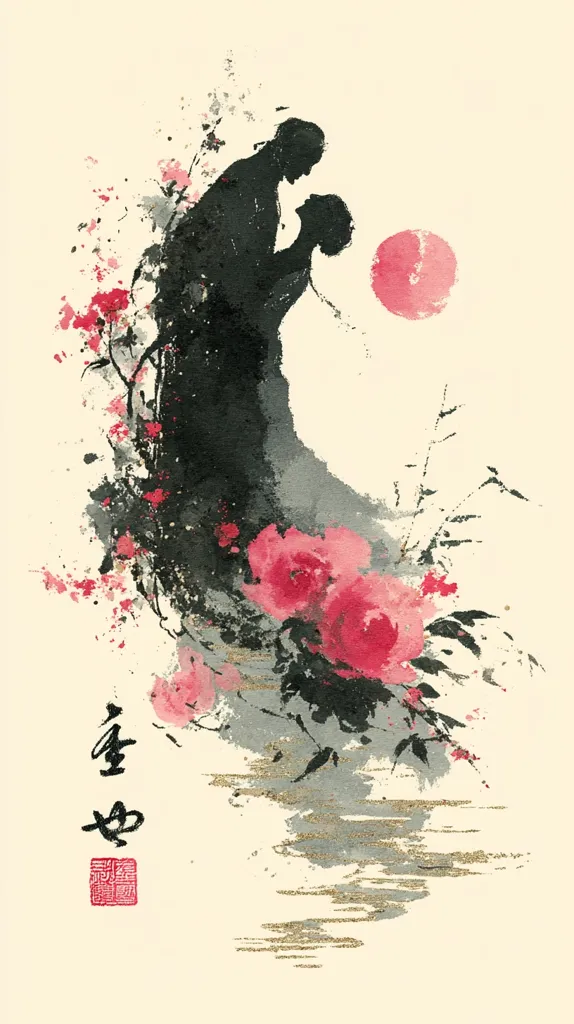 A minimalist watercolor painting depicts a silhouetted couple embracing, set against a backdrop of stylized pink flowers and a blush-toned sun.  The artwork is rendered in shades of black, gray, and pink, with delicate gold accents suggesting water or shimmering light.  The composition is fluid and evocative, conveying a sense of romance and tranquility.  Chinese calligraphy is subtly incorporated into the design.